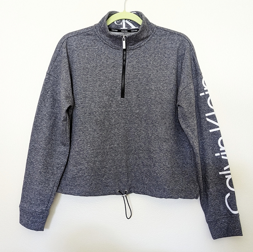 Calvin Klein crop half zip pullover grey sweat jacket white logo on arm large - Picture 3 of 7